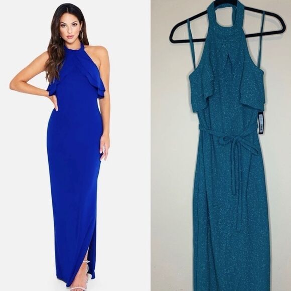 BEBE • DOUBLE RUFFLE HALTER NECK GOWN - Picture 1 of 10